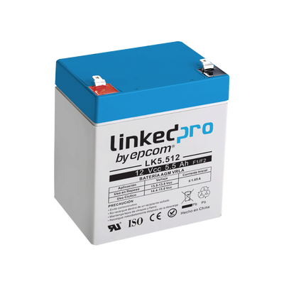 [LK5.512] Batería 12 Vcc / 5.5 Ah / UL / Vida útil promedio 5 años / Tecnología AGM-VRLA / Para uso en equipo electrónico, Alarmas de Intrusión / Incendio/ Control de acceso / Video Vigilancia / Terminales F1 ( Incluye adap
