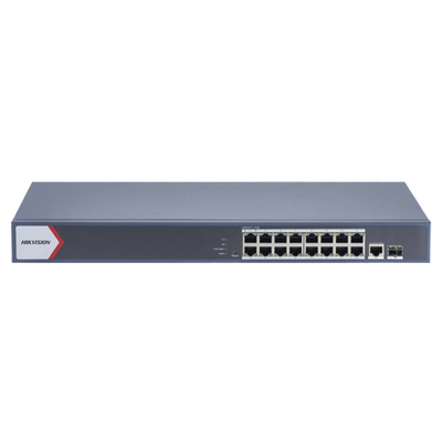 Switch Gigabit PoE+ / Monitoreable / 16 Puertos 1000 Mbps PoE+ / 1 Puerto 1000 Mbps de Uplink / 1 Puerto SFP /  Configuración Remota desde Hik-PartnerPro / Modo Extendido hasta 300 Metros / 130 Watts