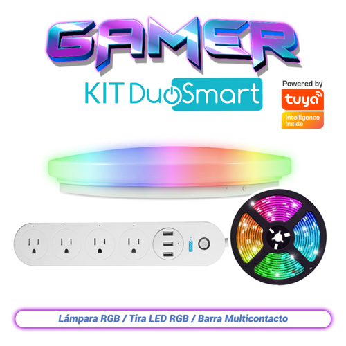 Kit de iluminación gamer, gamer kit duosmart. incluye: 1 lámpara rgb s20, 1 tira led rgb s30 y una barra multicontacto b50
