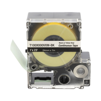 [T100X000VXM-BK] Casete de Etiquetas de Vinilo de Cinta Continua, Color Negro Sobre Amarillo, Uso Interior/Exterior, 24 mm (1 in) de Ancho x 7 m (23 ft) de Largo