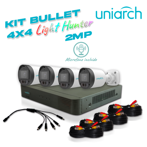 Kit sin caja uniarch 4x4 calidad 2mp analogico 4 cámaras lighthunter bullet interior / exterior / lente fijo 2.8mm / 12vdc / ip67 / 20m ir / dwdr / metal plastica / menu osd / mic incluido / defog, 1 dvr pentahibrido uniarch xvr-104g3, 4 cables preponchados de 18 mts y un pulpo de 5 salidas incluye fuente enson psw1230
