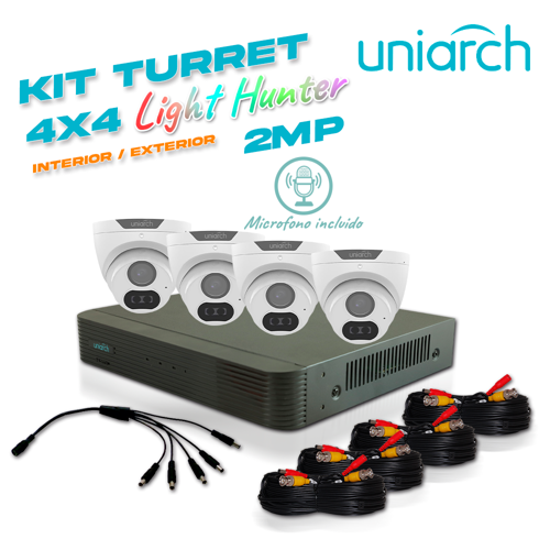 Kit sin caja uniarch 4x4 calidad 2mp analogico 4 cámaras analógicas lighthunter turret interior / exterior 2mp / lente fijo 2.8mm / 12vdc / ip67 / 20m ir / dwdr / metal plastica / mic incluido / defog / 3 axis, 1 dvr pentahibrido xvr- 104g3 , 4 cables preponchados de 18 mts y un pulpo de 5 salidas