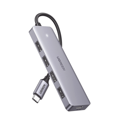 [70336] HUB USB-C 3.0 4 EN 1 | 4 Puertos USB-A (5Gbps) | Carcasa ABS + PC | Soporta OTG | Luz Indicadora LED | Compatible con iPhone 15 Pro MAX) | Interfaz Niquelada | Color Gris Metalizado | Cable de 15cm.