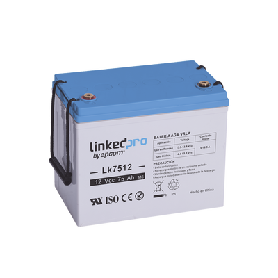 Batería 12 Vcc / 75 Ah / UL / Tecnología AGM-VRLA / Vida útil promedio de 5 años / Para uso en equipo electrónico / Sistemas de emergencia y aplicaciones fotovoltaicas Terminales T3