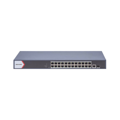 Switch Gigabit PoE+ / Administrable / 24 Puertos 1000 Mbps PoE+ /  1 Puerto 100 uplink / 1 Puerto 1000 Mbps Uplink / 1 Puertos SFP Uplink / Configuración Remota desde Hik-PartnerPro / Modo Extendido hasta 300 Metros / 370 W