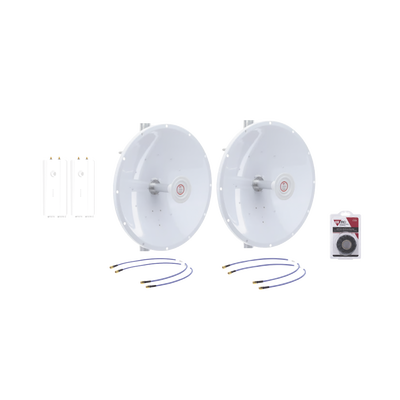 Enlace completo de 2 radios FORCE4600C con antenas TXP7GD30 (30 dBi), rango de frecuencia extendida (5.7 a 7 GHz), Incluye jumper, POE, y cinta de termofusión.