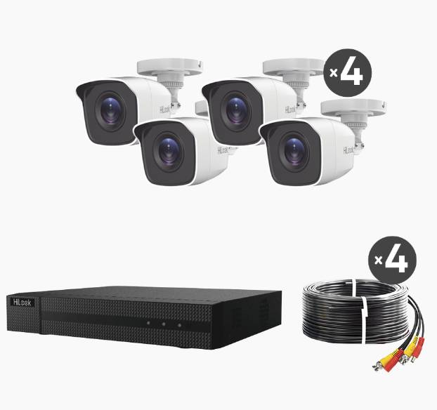 KIT TurboHD 1080p / DVR 4 canales / 4 Cámaras Bala de Metal / H.265+ / 1 Fuente de Poder Profesional / Accesorios de Instalación -
