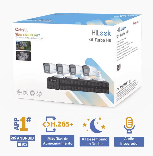 Kit TurboHD 1080p / DVR 4 Canales / 4 Cámaras Bala ColorVu con Micrófono Integrado / Fuente de Poder / Accesorios de Instalación -