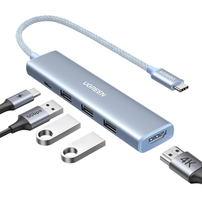 [35581] HUB USB-C (Docking Revodok) 5 en 1 | HDMI 2.0 4K@30Hz | 3 USB-A 3.0 (5Gbps) | USB-C PD Carga 100W | Chip de Última Generación | Cable de Nylon Trenzado de 25 cm | Carcasa de Aluminio | Color Azul.