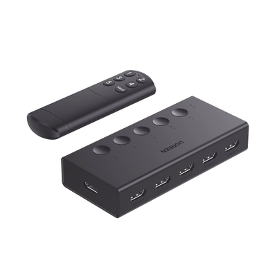 [90512] Conmutador HDMI 5X1 | 4K@60Hz | HDMI 2.0, 1.4 |  HDCP 2.2, 1.4 | VRR | Dynamic HDR | 3D | CEC | EDID | IR 10m | 18Gbps | Cambio Manual y por Control Remoto |  Incluye Cable de Alimentación USB.