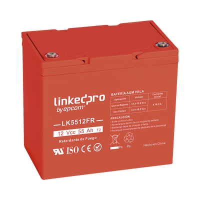 [LK5512FR] Batería 12 V / 55 Ah / UL / Tecnología AGM-VRLA / Vida útil promedio de 5 años / Retardo a la flama / Para uso en equipo electrónico, Alarmas de Intrusión / Incendio/ Control de acceso / Video Vigilancia / T2