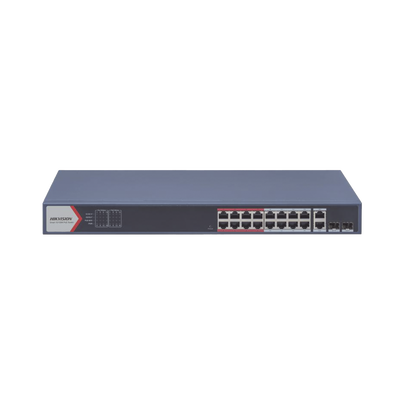 Switch PoE+ / Monitoreable / 16 puertos 10/100 Mbps PoE+ / 2 Puertos 1000 Mbps Uplink / 2 Puertos SFP de Uplink /  Configuración Nube Hik-Partner Pro / Modo Extendido hasta 300 metros / 230 W 