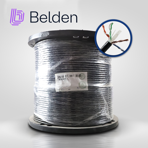Cable utp cat6 belden osp6u 0101000 forro polietileno planta externa osp negro 4 pares con gel 350 mhz calibre 24 awg 100% cobre uso exterior ideal para instalaciones de seguridad, cctv, video, datos, redes ethernet bobina 1000 pies 305 metros 