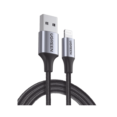 [60156] Cable USB-A a Lightning | 1 Metro | Certificado MFi | Carga Rápida 5V/2.4 A | 480 Mbps | Conector C94 | Adecuado para iPhone, iPad y iPod | Protección Integrada | Caja de Aluminio | Nylon Trenzado | Color Negro.
