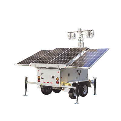 Traila de Doble Eje con Mástil Retráctil de 7.5 m. para Videovigilancia o Iluminación, con Bases para Instalar Paneles Solares y Baterías (No incluidos)