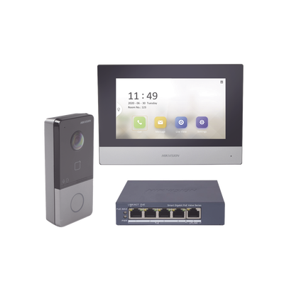 Kit de Videoportero IP + Switch Poe Poe Estandar con llamada a App de Smartphone (HikConnect) / Apertura con tarjeta MIFARE / Frente de calle IP65 / Soporta 1 Departamento