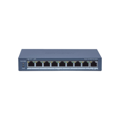 Switch Administrable PoE+ / 8 puertos 100 Mbps PoE+ / 1 puerto 1000 Mbps de Uplink / PoE hasta 300 Metros / Conexión Remota desde Hik-ParnerPro / 110 W
