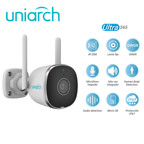 Camara ip bullet wifi uniarch uho-b2r-m2f34 / 2mp / hd/ ultra265 / 12 vcd / dwdr / 3 axis / lente fijo de 2.8 mm / ir inteligente hasta 20m / microfono y altavoz integrado / human body detection / audio detection / ranura para micro sd hasta 128 gb / ip67