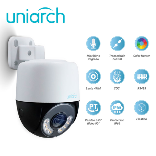Camara hd pt uniarch colorhunter uac-p112-af40-w / 2mp / tvi/ahd/cvi: 1080p@25fps / lente-4mm / dwdr / luz-blanca30m / microfono-integrado / paneo+tildeo-0-345grados / plastica / ip66 / 12 vcd