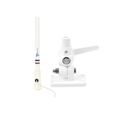 Antena marina VHF en fibra de vidrio en rango de 156 a 163 MHz con 4.5 metros de cable, Incluye: montaje de trinquete de nylon y conector PL-259 macho. 