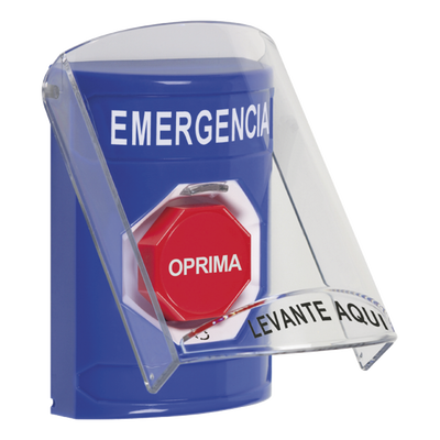 [SS2429EM-ES] Botón Multipropósito, Color Azul, De Superficie, Con Tapa De Policarbonato, Sin Bocina Prealarma, Para Interior, Girar Para Restablecer, Texto De Emergencia, Español