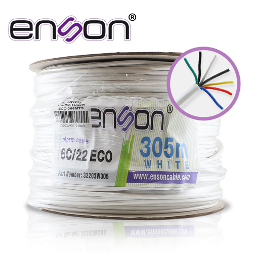 Cable de alarma enson 32203w305 serie eco multifilar  6c/22 awg bobina de 305 metros forro pvc color blanco para uso interior diseñado para conexiones de sistemas de alarma