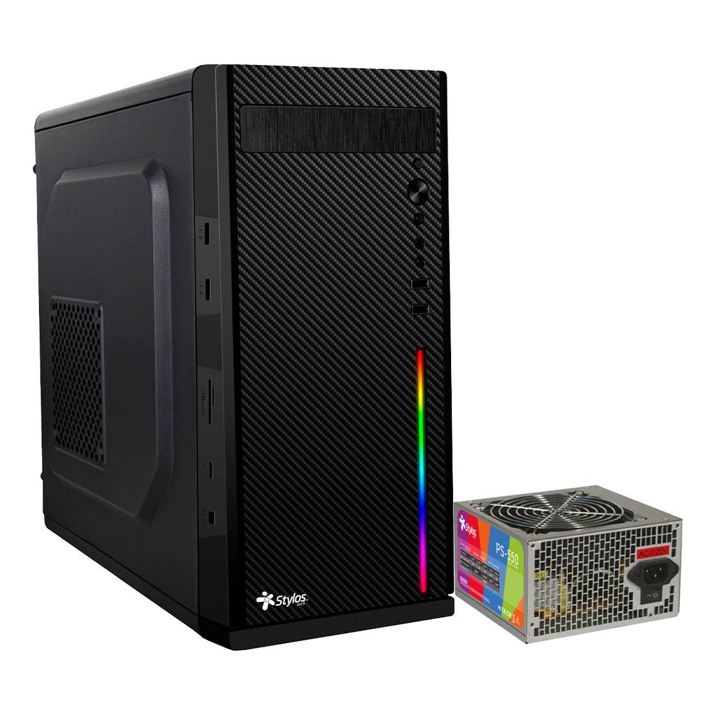 Gabinete Oficina Secai Micro Tower Stylos RGB con fuente de poder 550W STGASC1B -