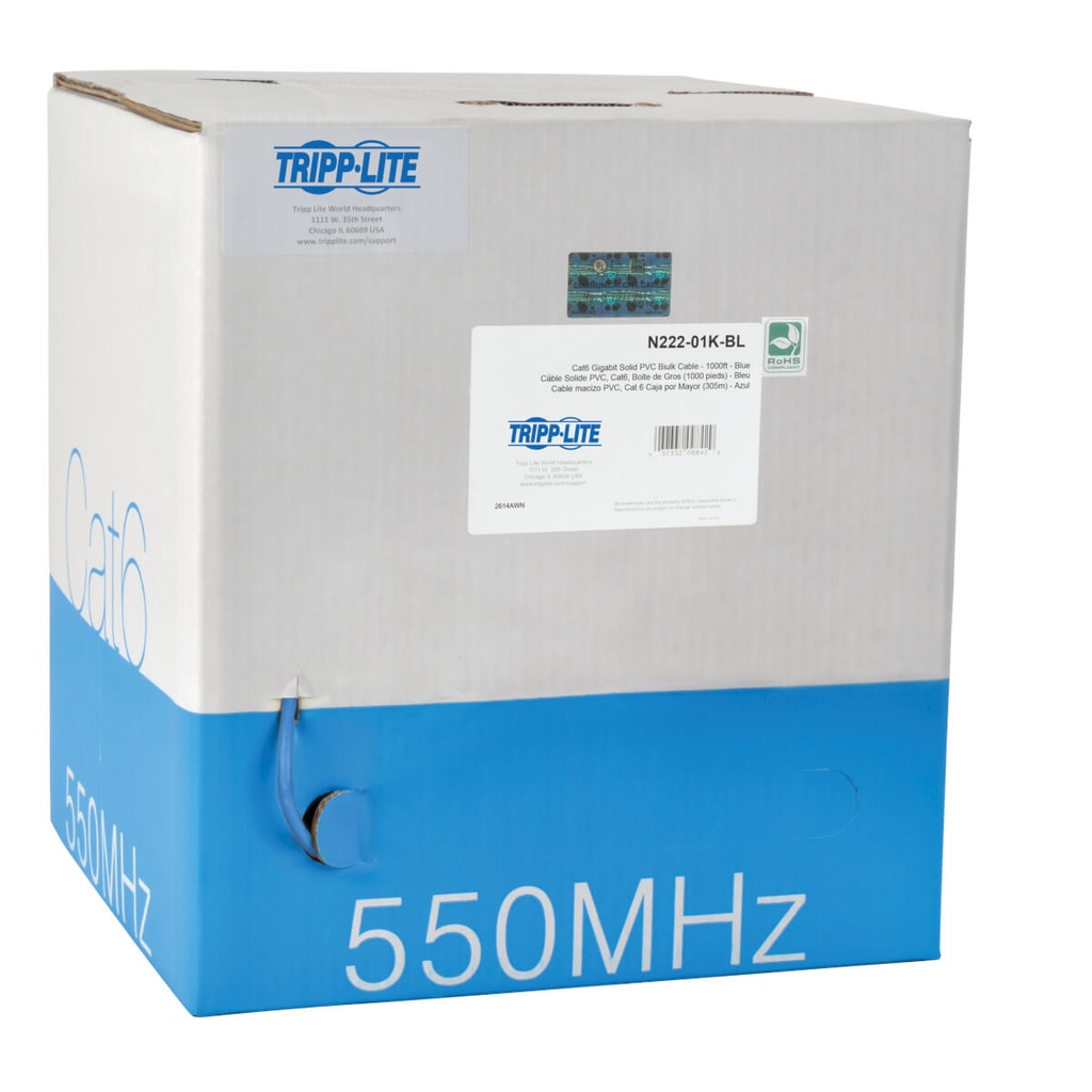 Bobina de Cable  UTP CERTIFICABLE TRIPP-LITE N222-01K-BL - CAT6 Gigabit Núcleo Sólido,   COLOR AZUL, 305 METROS, BOBINA EN CAJA CON BASE GIRATORIA PARA SU FA