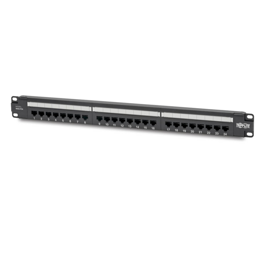 Panel de parcheo Cargado de Conexiones Cat6 de 24 Puertos – Cumple con PoE+ - 110 / Krone, 568A/B, RJ45 Ethernet, Instalación en 1U de Rack, TAA N252-P24