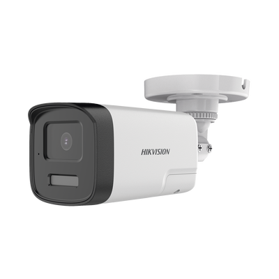 [DS-2CE17U0-TLTS] [Audio Bidireccional + Dual Light + ColorVu] Bala TURBOHD 4K (8 Megapixel) / Lente 2.8 mm / 40 mts IR EXIR + 40 mts Luz Blanca / Micrófono y Bocina Integrado / Exterior IP67 / Metal / dWDR