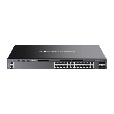 Switch Omada L3 SDN Administrable / 24 puertos Gigabit y 4 puertos SFP+ / Funciones RIP, VVRP, Servidor DHCP / Administración centralizada OMADA / Fuente Redundante
