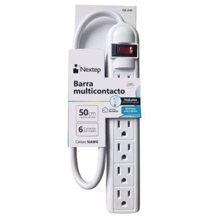 Barra Multiplecontacto Nextep NE-240 6 contactos Aterrizados  Supresor 490J Cable 50Cm 16AWG color blanco Casa y Oficina -