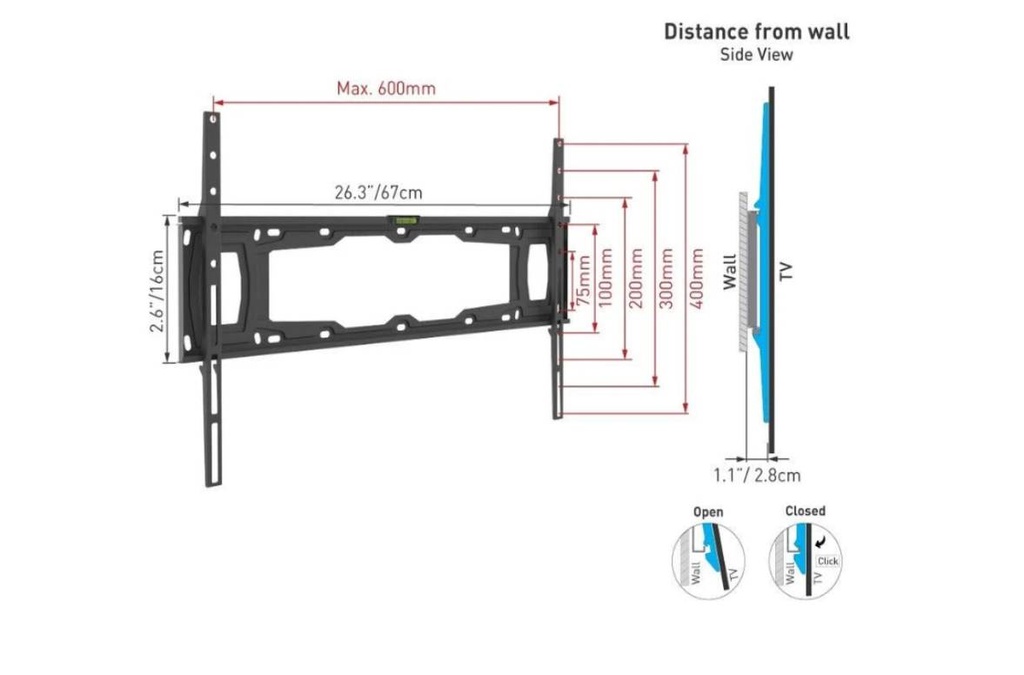 Soporte de Pared Barkan E400+ para Pantalla Fijo/Curvo/Plano 32 - 90 - hasta 60Kg, Negro