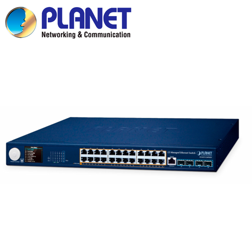 Switch poe administrable l3 planet gs-6311-24p4xv / 24 puertos rj45 poe af/at 10m/100m/1,000m/2.5gbps / 4 puertos sfp+ 1/10gbps / 1 puerto consola / budget poe 370w / anillo erps / igmp acl mld / ospf v2 rounting dinamico / pantalla inteligente e intuitiva lcd 2" / fuente de alimentacion 100-240vca