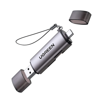 Lector de Tarjetas USB-C + USB-A a MicroSD (TF)/SD | OTG | USB-C 3.1 | 5Gbps | Soporta hasta 2TB | Soporta Windows/Mac OS/Linux/Android | Lectura de Tarjetas Simultánea | Caja de Aluminio | Llavero Anti-perdida. 