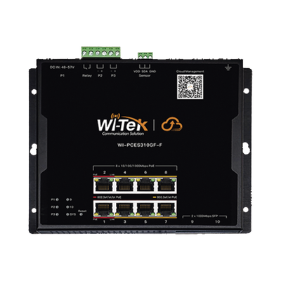 Switch L2 PoE Industrial / Administración Cloud Gratuita / 8 Puertos PoE af/at/bt 10/100/1000 Mbps / 2 Puertos SFP Gigabit / Máx Presupuesto PoE 145 W / Montaje Magnético - Riel DIN.
