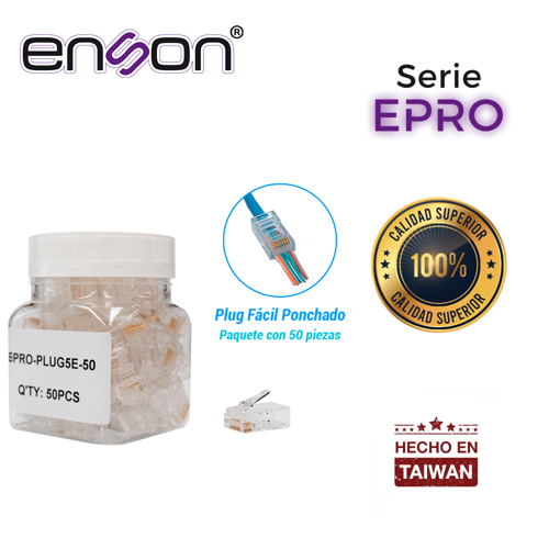 Plug facil ponchado enson epro-plug5e-50 bote de 50 pzs para cable utp cat5e con sistema de paso de cables passtru que facilita el ponchado de cable utp ya que se puede identificar errores de manera mas facil, requiere uso de pinzas epro-plugtool