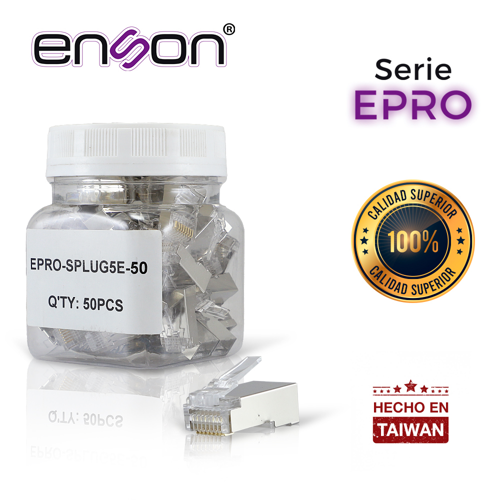 Plug facil ponchado blindado enson epro-splug5e-50 bote de 50 pzs para cable utp cat5e con sistema de paso de cables passtru que facilita el ponchado de cable utp ya que se puede identificar errores de manera mas facil, requiere uso de pinzas epro-plugtool