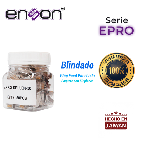 Plug facil ponchado blindado enson epro-splug6-50 bote de 50 pzs para cable utp cat6 con sistema de paso de cables passtru que facilita el ponchado de cable utp ya que se puede identificar errores de manera mas facil, requiere uso de pinzas epro-plugtool