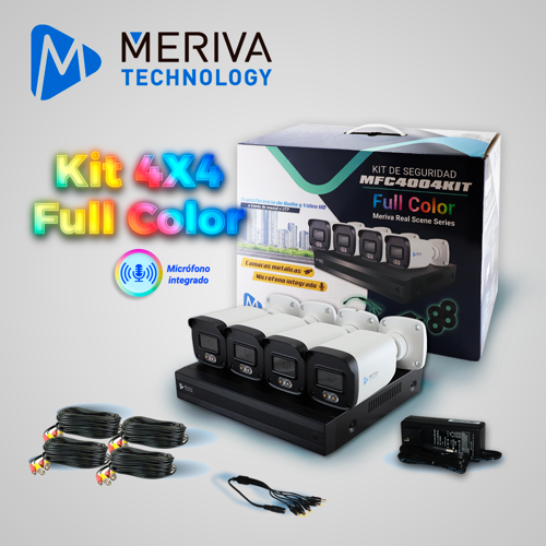 Kit 4x4 mfc4004kit incluye 1 dvr mxvr-4004a 4ch 1080p-lite soporta audio sobre coaxial o utp  + 4 cámaras hd meriva technology bullet 1080p 2.8mm tecnología full color  / micrófono integrado / carcasa metálica / ip67 / 12vcd mfc-2022a + 4 cables pre ponchados 18m c/u bnc y alimentación + fuente de poder + distribuidor de energía - tecnología full color - meriva real scene - audio embebido en cámara - imagen a color 24x7 *no incluye disco duro*