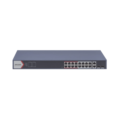 Switch PoE+ / Monitoreable / 16 puertos 10/100 Mbps PoE+ / 2 Puertos 1000 Mbps Uplink / 2 Puertos SFP de Uplink /  Configuración Nube Hik-Partner Pro / Modo Extendido hasta 300 metros / 230 W 