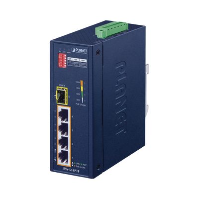 Switch industrial, Temperatura de Operación: -40 a 75ºC, 4 puertos PoE 10/100 + 1 Puerto 100Base-FX 