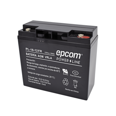 [PL-18-12-FR] Batería 12 Vcc / 18 Ah / UL / AGM-VRLA / Retardante a la flama / Para uso en equipo electrónico,Alarmas de intrusión / Incendio/ Control de acceso / Video Vigilancia / Terminales tipo M5 ( HEX ) / Cargador recomendado CHR-80.