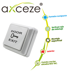Boton liberador axceze ax-b30 tipo push fabricado en plastico incluye base  medidas 69 x 69mm  conexion a 2 hilos cuenta con el estado n.o.