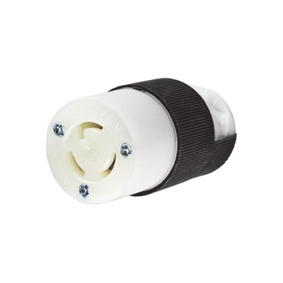 Conector Industrial con Bloqueo de Media Vuelta / 15 A 125 V CA / 2 Polos 3 Hilos / Color Blanco y Negro / Nema L5-15R. 