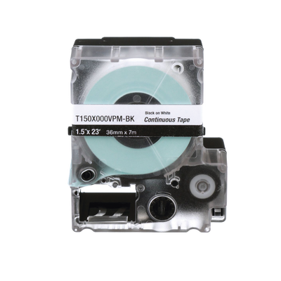 [T150X000VPM-BK]  Casete de Etiquetas de Vinilo de Cinta Continua, Color Negro Sobre Blanco, Uso Interior/Exterior, 36 mm (1.5 in) de Ancho x 7.6 Metros de Largo
