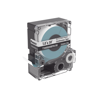 [T100X000BPM-BK]  Casete de Etiquetas de Poliéster de Cinta Continua, Color Negro Sobre Blanco, Uso Interior/Exterior, 24 mm (1 in) de Ancho x 9.1 Metros de Largo